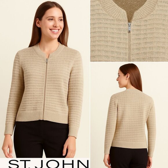 St. John Cardigan Sweater Womens M Metallic Full-Zip Beige Gold Knit Made in USA - Picture 1 of 8